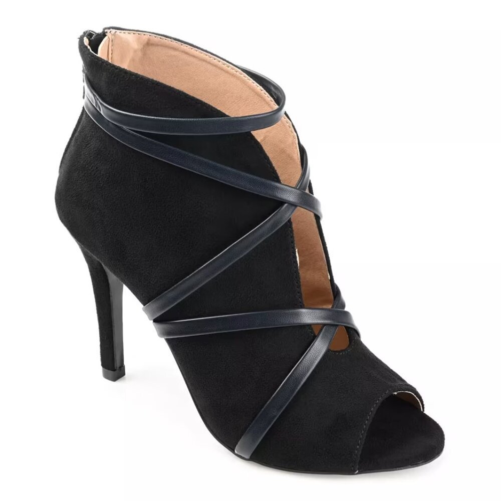 Journee Women's Samara Black Vegan Suede Strappy Peep Toe Stiletto Bootie. 8.5